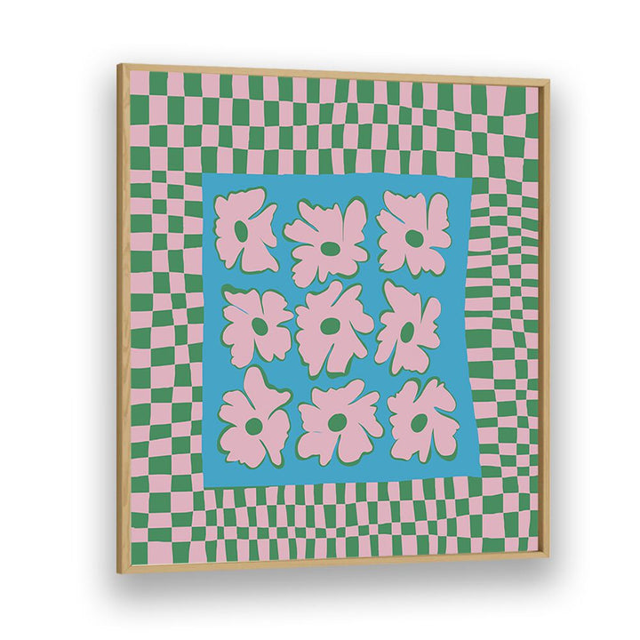 Pastel Nature Checkerboard, Botanical Art Paintings Artwork in Oak Wood Plain Frame