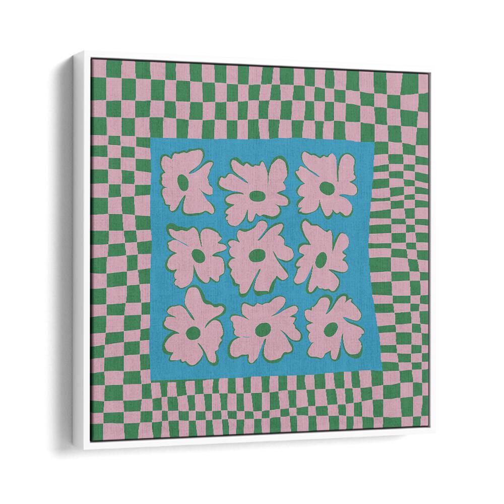 Pastel Nature Checkerboard, Botanical Art Paintings Artwork in White Floater Frame