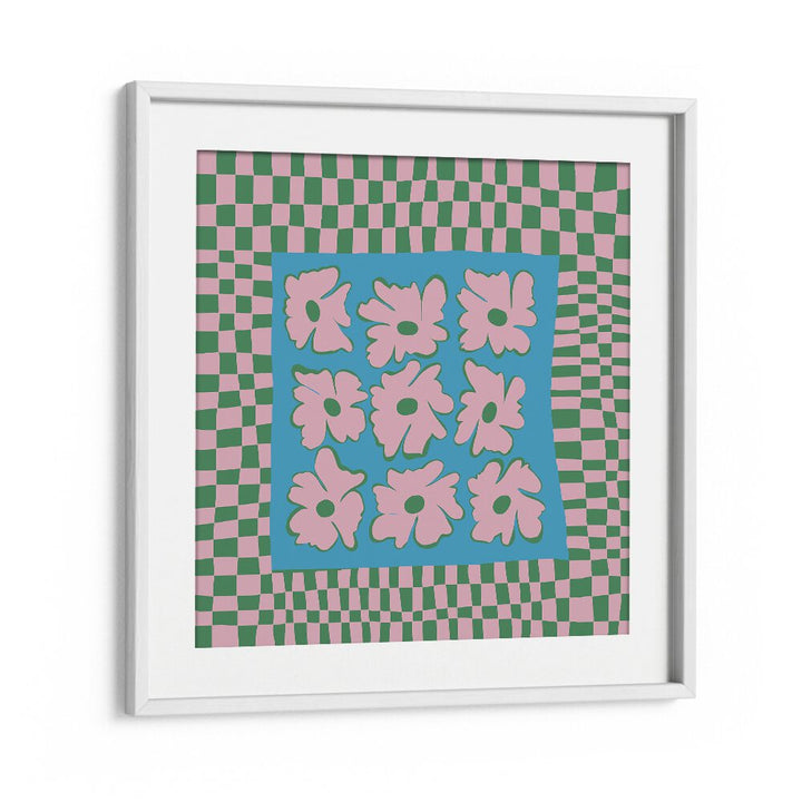 Pastel Nature Checkerboard, Botanical Art Paintings Artwork in White Frame With Mount