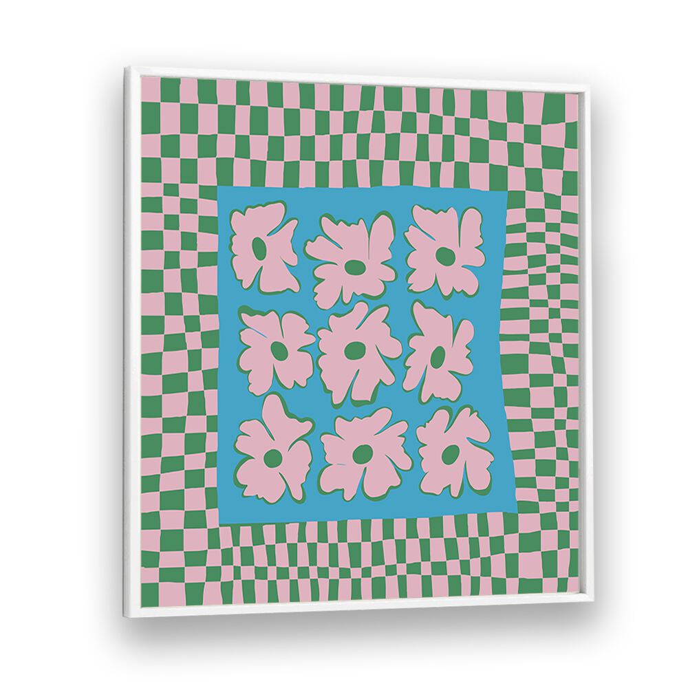 Pastel Nature Checkerboard, Botanical Art Paintings Artwork in White Plain Frame