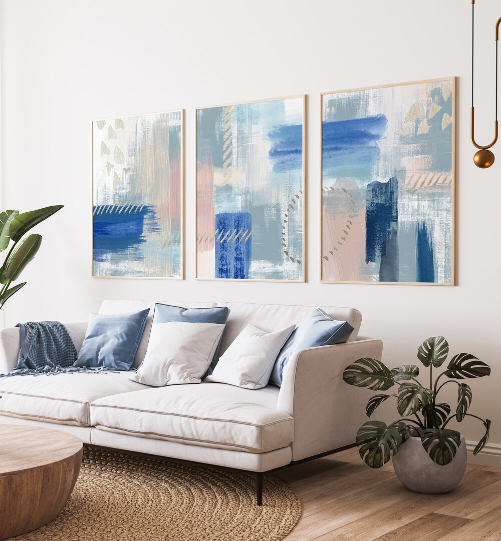 Transform your space with the PASTEL REVERIE SET, SET OF 3 PAINTINGS, showcasing serene, calming artwork.