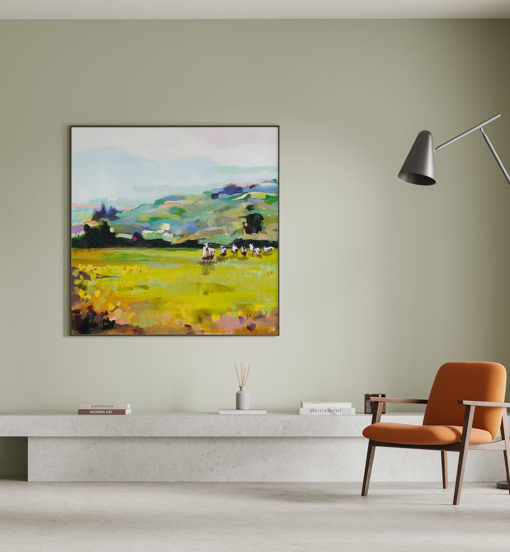 Bright, vibrant PASTURE, LANDSCAPE PAINTINGS add tranquility and beauty to any living space, perfect for art lovers.