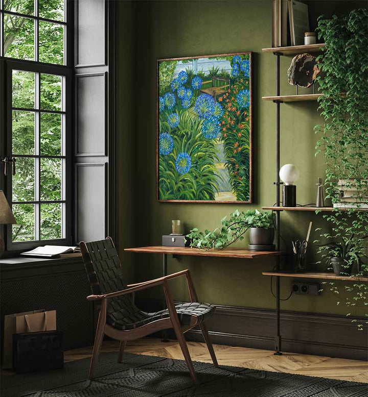 Vibrant PATHWAY, FLORAL FLOWER PAINTINGS adding beauty to a cozy room with greenery and natural light.