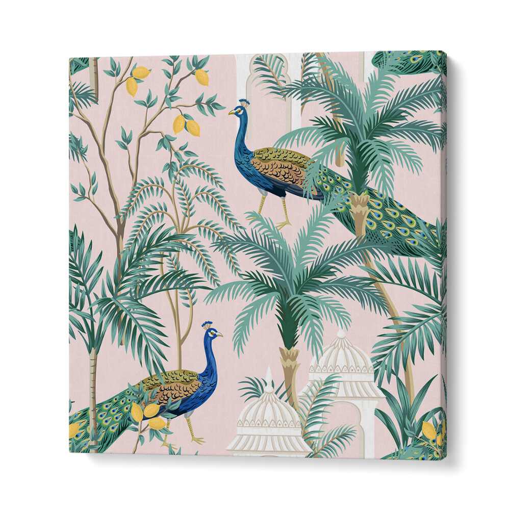 Vibrant PEACOCK IN MANGO GARDEN, INDIAN ART PAINTINGS by Ambika Aam Bagicha showcases serene nature beauty.