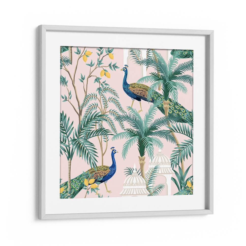 Vibrant PEACOCK IN MANGO GARDEN, INDIAN ART PAINTINGS showcasing nature's beauty, framed elegantly for your decor.