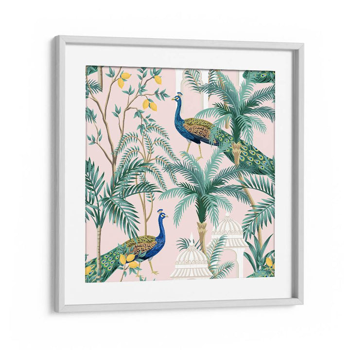 Vibrant PEACOCK IN MANGO GARDEN, INDIAN ART PAINTINGS showcasing nature's beauty, framed elegantly for your decor.