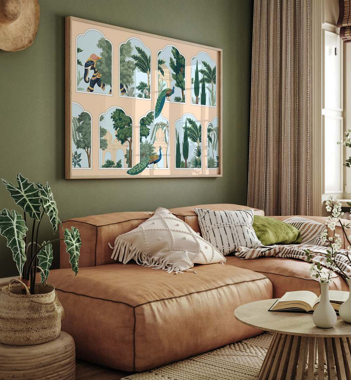 Regal Harmony: PEACOCK AND ELEPHANT AN, INDIAN ART PAINTINGS adorns a stylish living room with Mughal elegance.