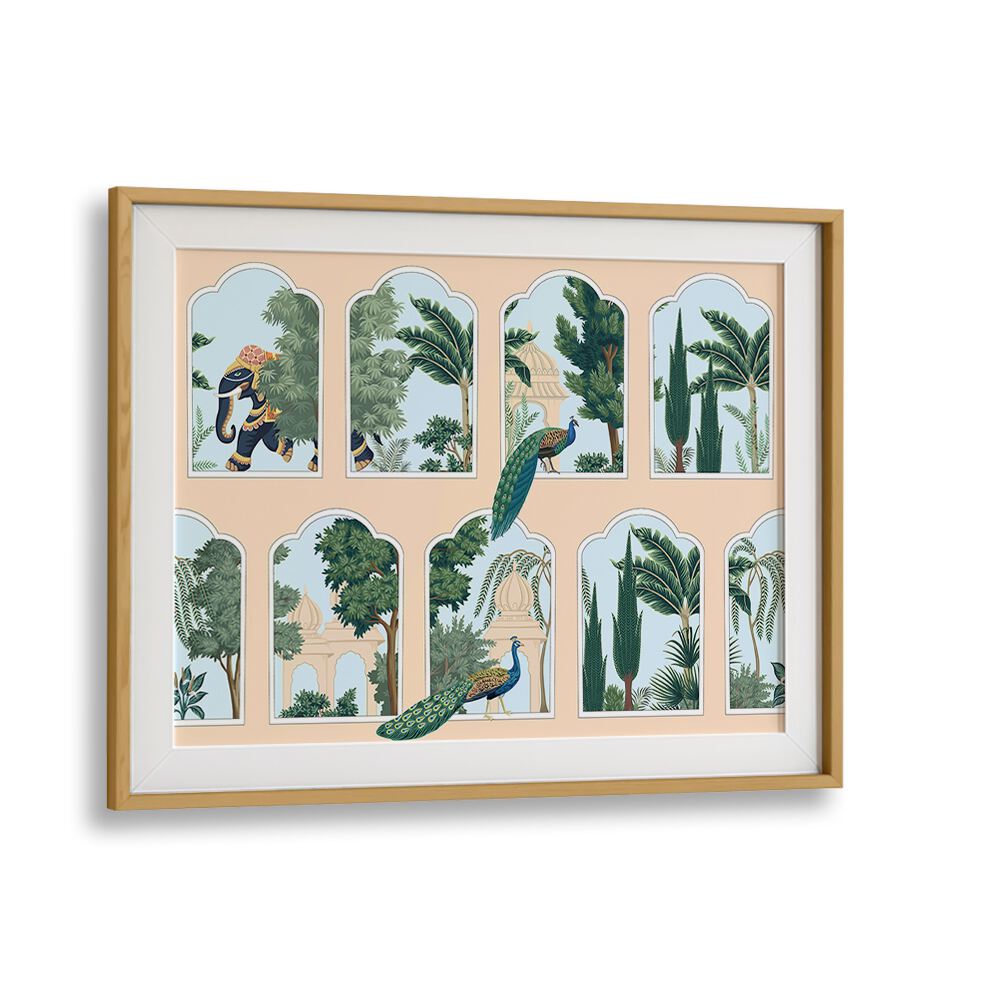 Regal "Peacock and Elephant" Indian art painting in an elegant oak wood frame, showcasing Mughal era beauty.