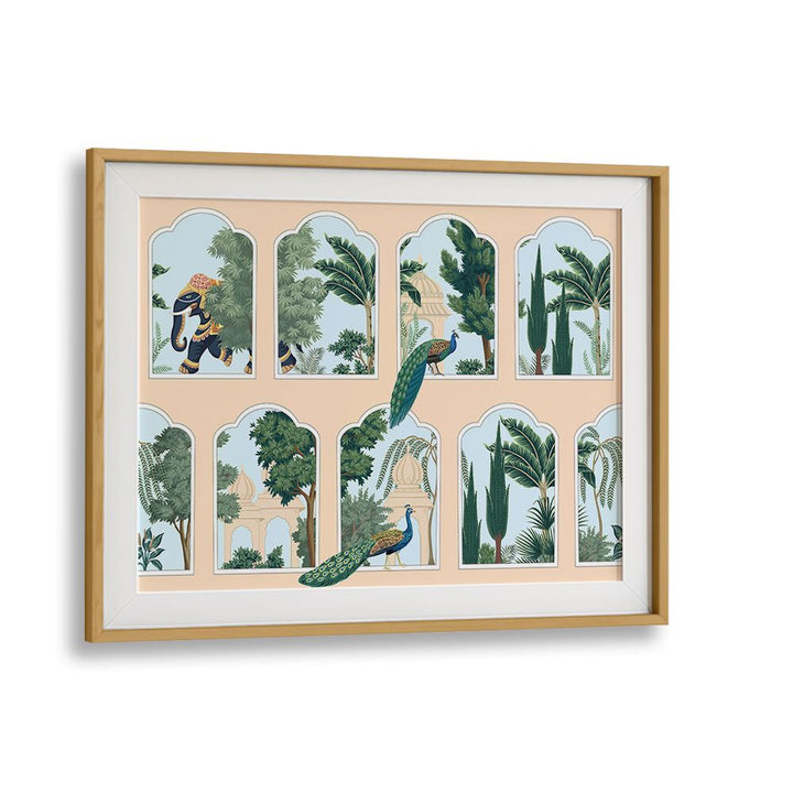 Regal "Peacock and Elephant" Indian art painting in an elegant oak wood frame, showcasing Mughal era beauty.