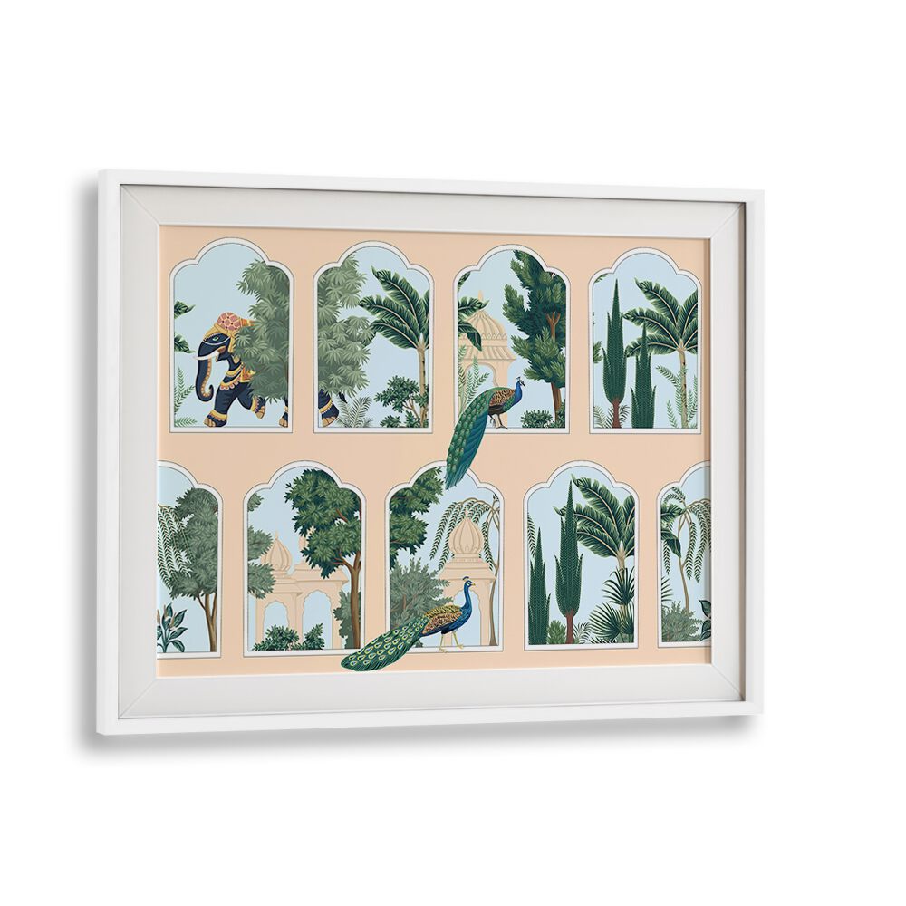 Regal Harmony: PEACOCK AND ELEPHANT AN, INDIAN ART PAINTINGS in a white frame, showcasing Mughal-era artistry.