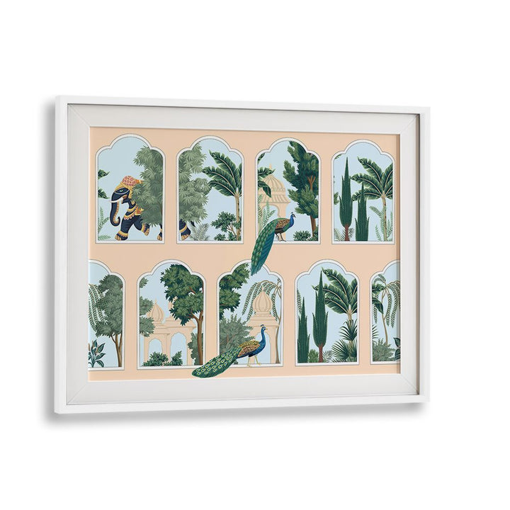 Regal Harmony: PEACOCK AND ELEPHANT AN, INDIAN ART PAINTINGS in a white frame, showcasing Mughal-era artistry.