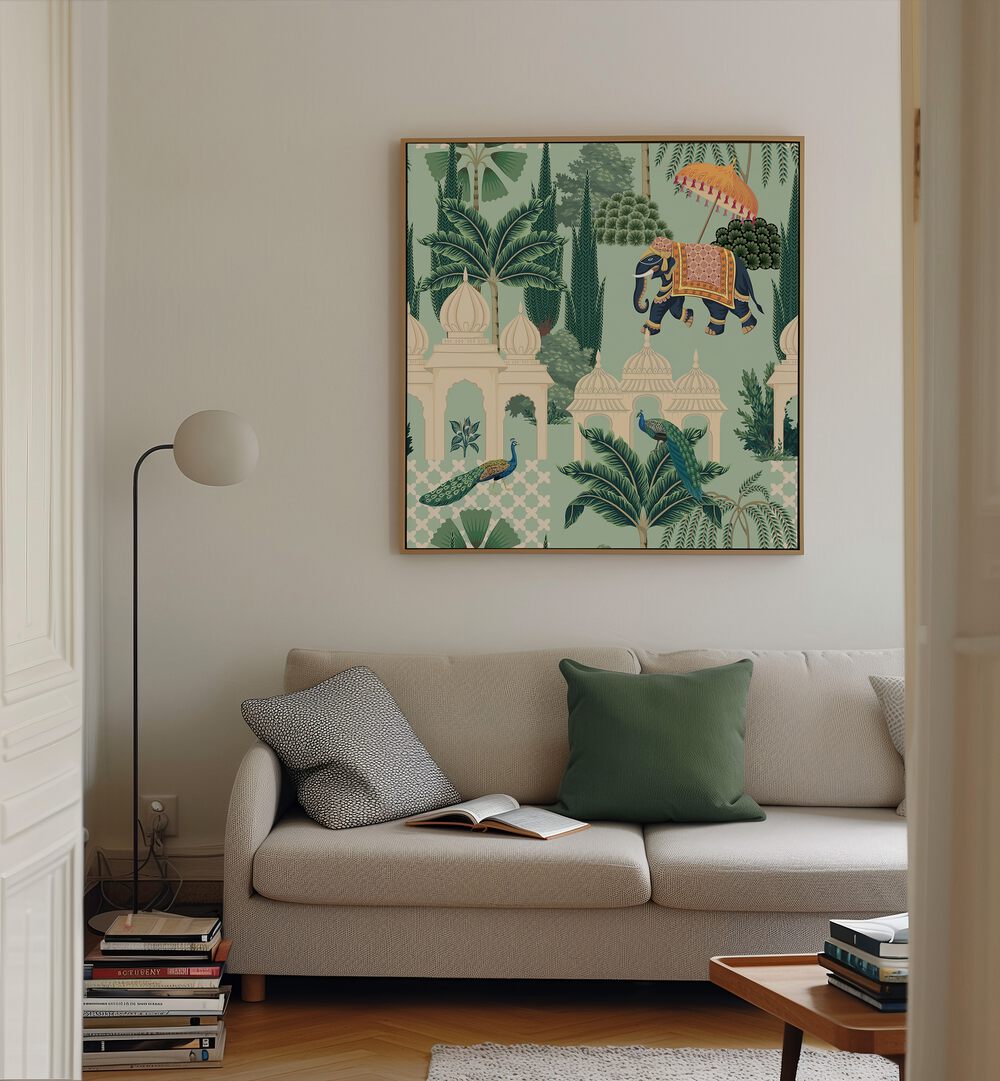 Elegant PEACOCK AND ELEPHANT PARADE, INDIAN ART PAINTINGS adorns a stylish living room, enhancing the decor beautifully.