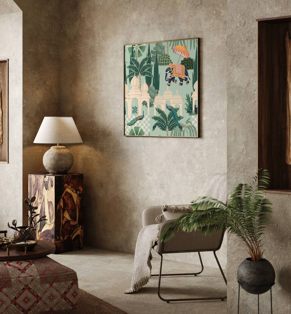 Enhance your decor with the PEACOCK AND ELEPHANT PARADE, INDIAN ART PAINTINGS, capturing Mughal grandeur beautifully.