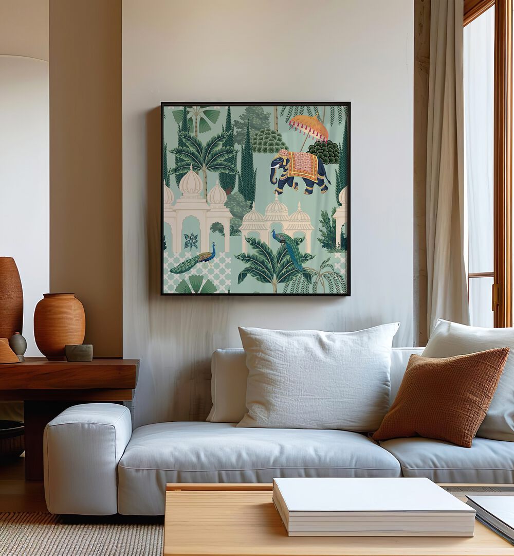 Stunning PEACOCK AND ELEPHANT PARADE, INDIAN ART PAINTINGS enriching a modern living space with Mughal elegance.