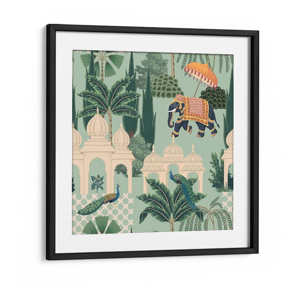 Stunning PEACOCK AND ELEPHANT PARADE, INDIAN ART PAINTINGS in elegant black frame, perfect for enhancing your decor.