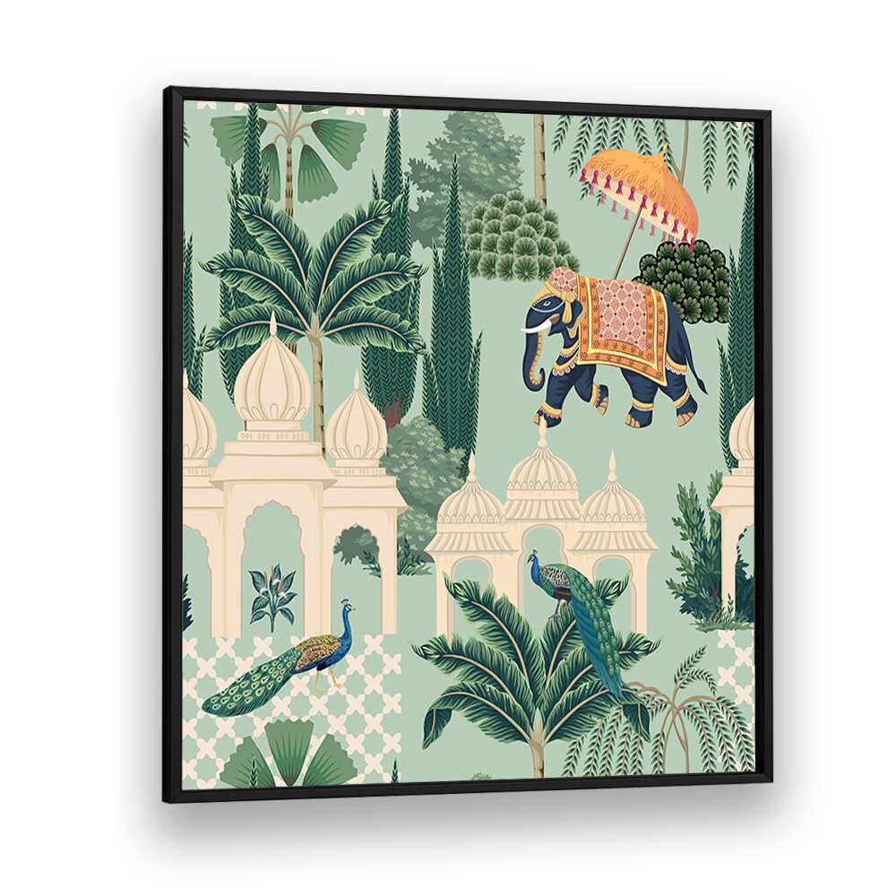 Vibrant PEACOCK AND ELEPHANT PARADE, INDIAN ART PAINTINGS, capturing Mughal elegance for your decor.