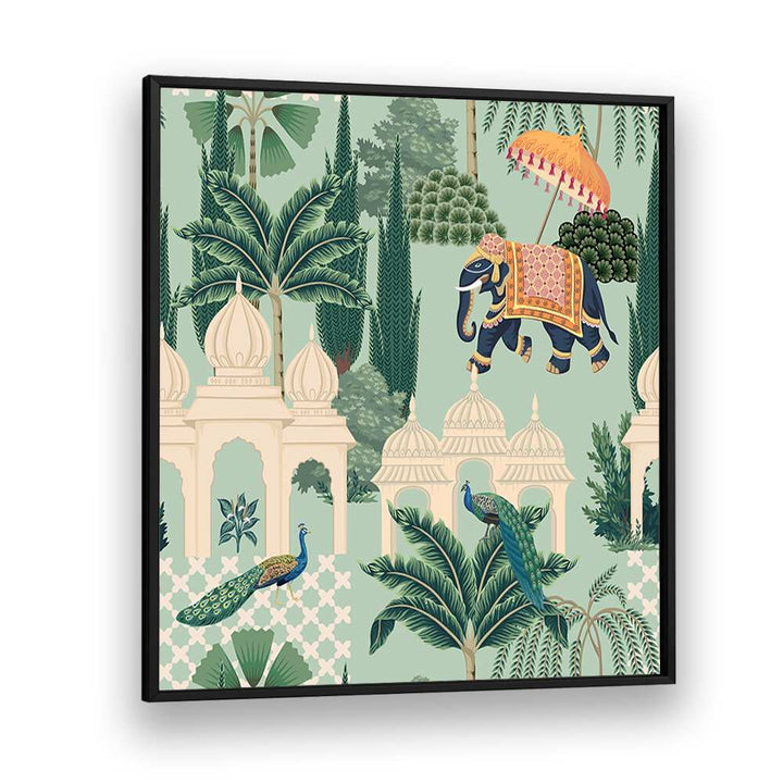 Vibrant PEACOCK AND ELEPHANT PARADE, INDIAN ART PAINTINGS, capturing Mughal elegance for your decor.