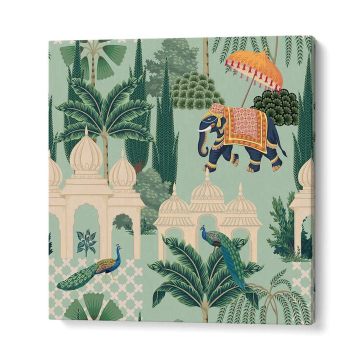 Vibrant PEACOCK AND ELEPHANT PARADE, INDIAN ART PAINTINGS showcasing Mughal grandeur and exquisite detail.