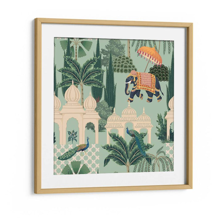 Vibrant PEACOCK AND ELEPHANT PARADE, INDIAN ART PAINTINGS framed artwork enriching your space with Mughal grandeur.