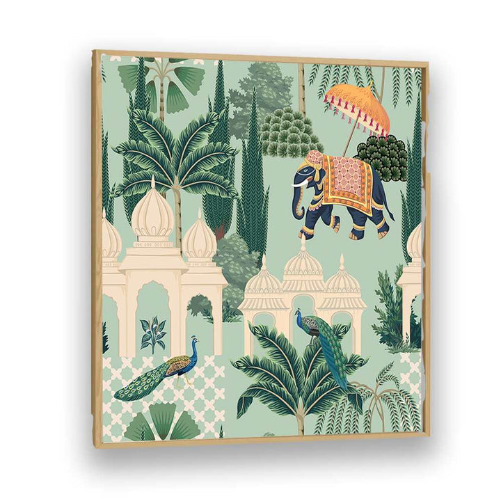 Vibrant PEACOCK AND ELEPHANT PARADE, INDIAN ART PAINTINGS showcasing Mughal splendor, perfect for enhancing your decor.