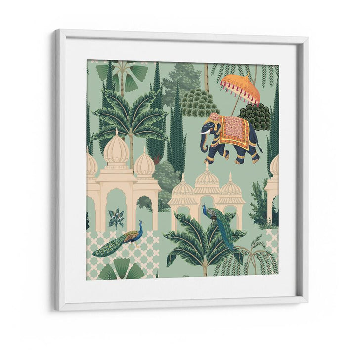 Vibrant PEACOCK AND ELEPHANT PARADE, INDIAN ART PAINTINGS showcasing Mughal elegance in a stylish white frame.