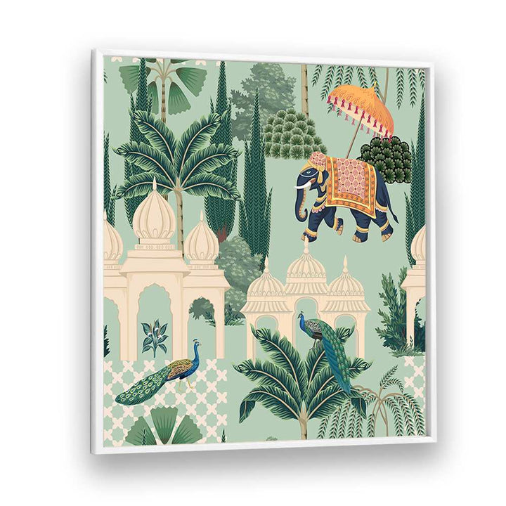 Stunning PEACOCK AND ELEPHANT PARADE, INDIAN ART PAINTINGS showcasing Mughal grandeur in vibrant colors. Perfect for decor.