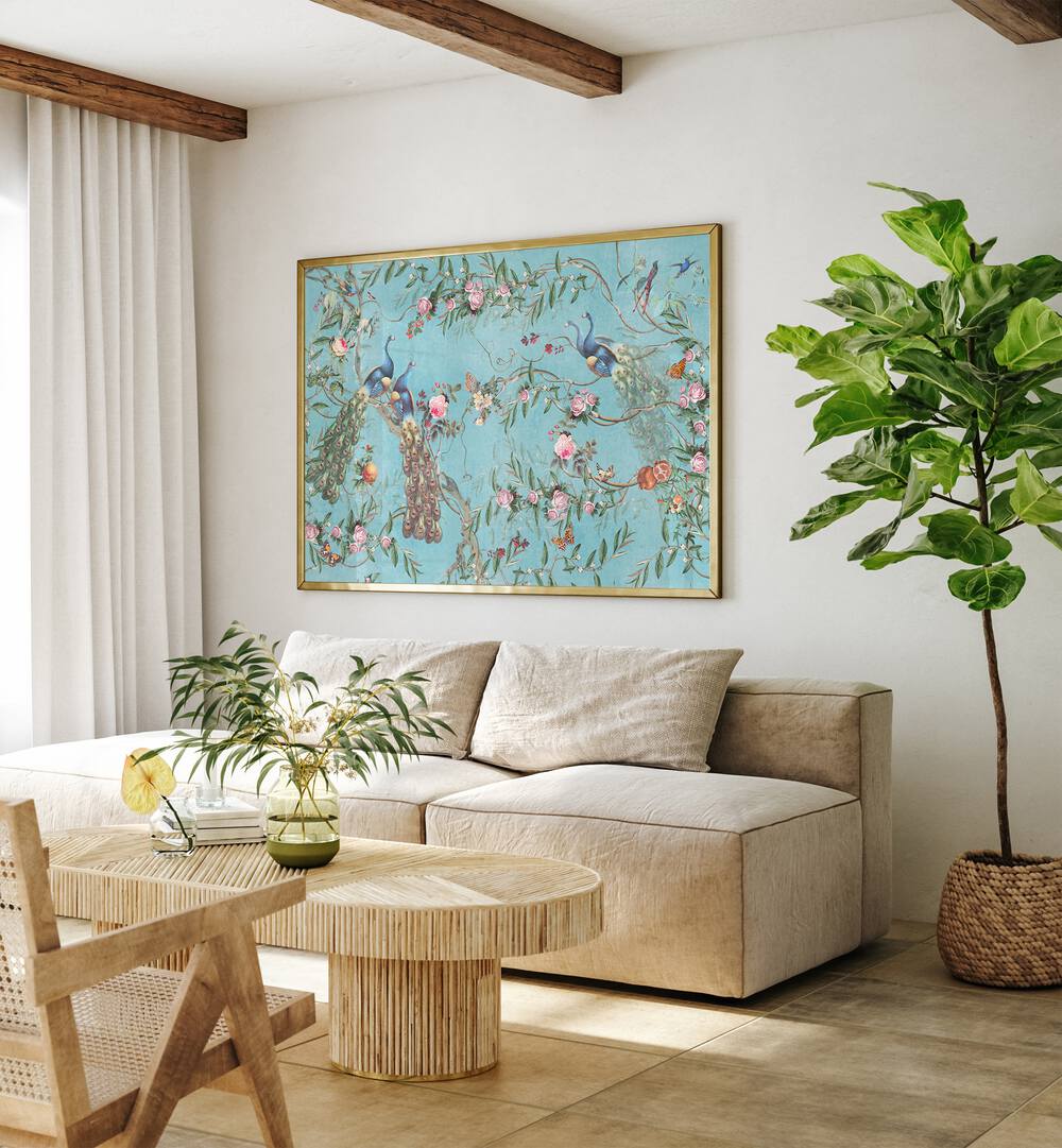 Vibrant PEACOCK BLOSSOM, INDIAN ART PAINTINGS adorn a stylish living room, enhancing traditional decor elegance.