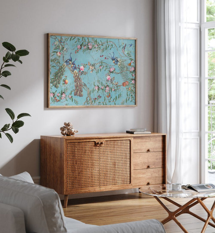 Vibrant PEACOCK BLOSSOM, INDIAN ART PAINTINGS displayed in a stylish living room, celebrating traditional artistry.