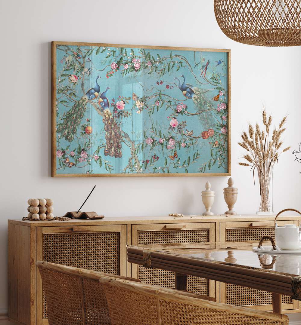 Peacock Blossom Indian Art Paintings adorn a vibrant wall, showcasing exquisite traditional artistry and elegance.