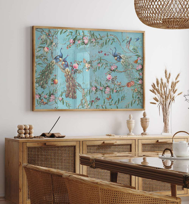 Peacock Blossom Indian Art Paintings adorn a vibrant wall, showcasing exquisite traditional artistry and elegance.