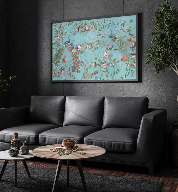Elegant PEACOCK BLOSSOM, INDIAN ART PAINTINGS displayed in a stylish living room, enhancing cultural décor.