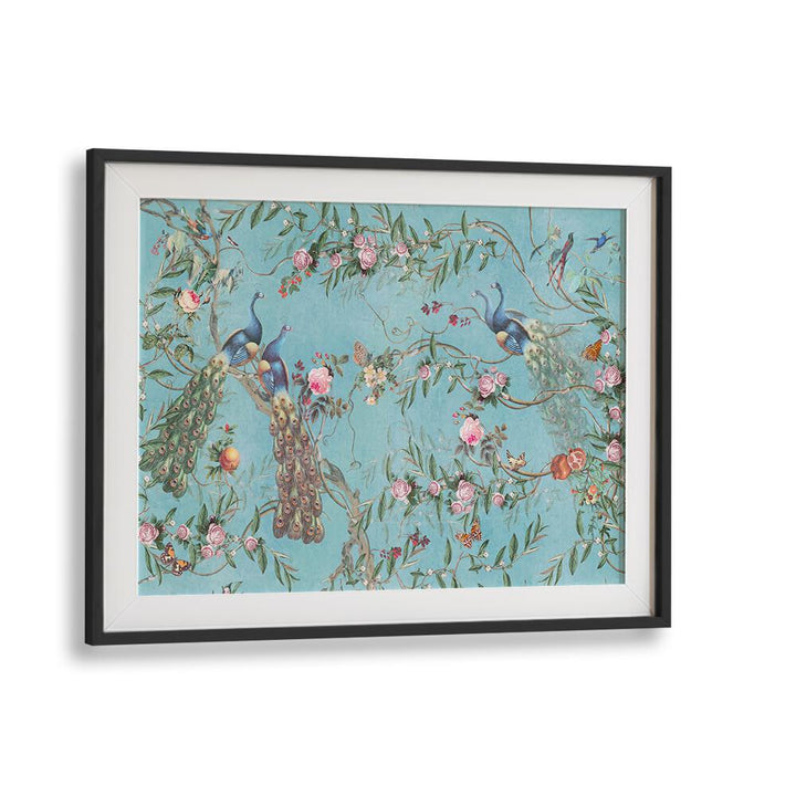 Peacock Blossom Indian Art Paintings showcase vibrant peacocks and floral designs in an elegant black frame.