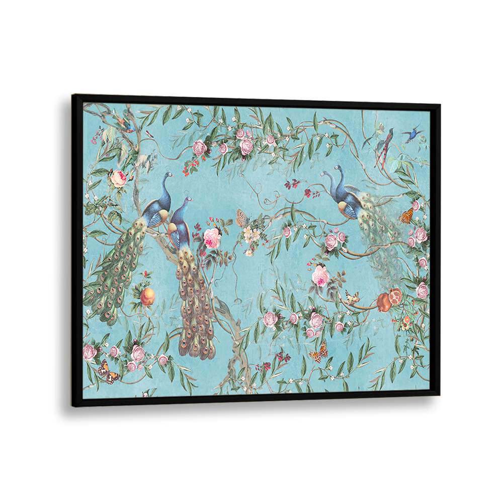 Colorful PEACOCK BLOSSOM, INDIAN ART PAINTINGS in a black frame, showcasing vibrant traditional artistry.