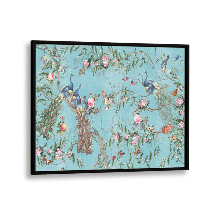 Colorful PEACOCK BLOSSOM, INDIAN ART PAINTINGS in a black frame, showcasing vibrant traditional artistry.