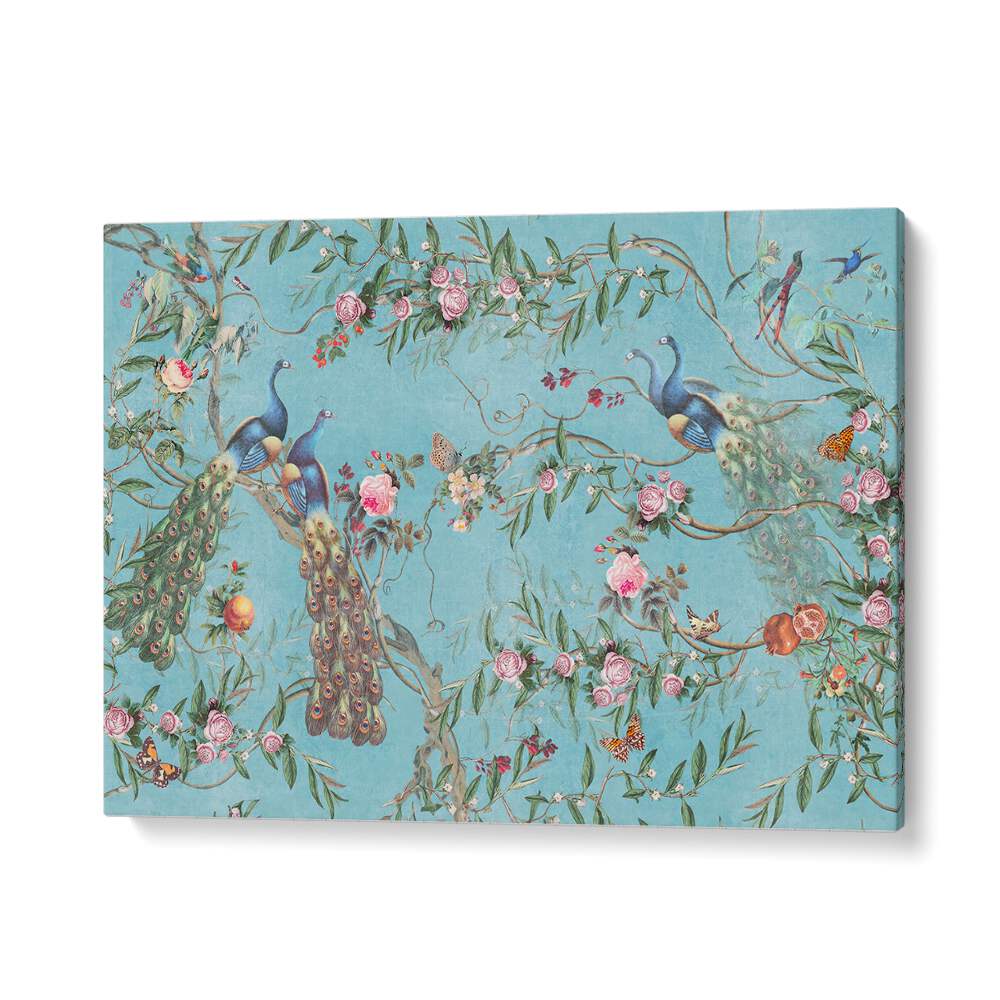 Vibrant PEACOCK BLOSSOM, INDIAN ART PAINTINGS showcasing intricate details of peacocks and floral elements.