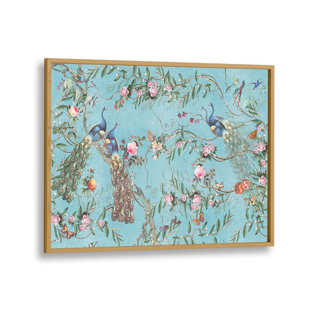 Vibrant PEACOCK BLOSSOM, INDIAN ART PAINTINGS in oak wood frame, showcasing traditional Indian artistry and elegance.
