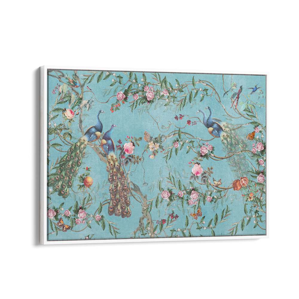 Vibrant PEACOCK BLOSSOM, INDIAN ART PAINTINGS showcasing traditional artistry in a beautiful white floater frame.