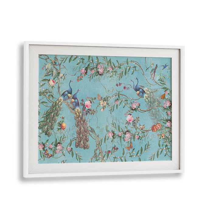 Elegant PEACOCK BLOSSOM, INDIAN ART PAINTINGS in a white frame, showcasing vibrant peacocks amidst floral beauty.