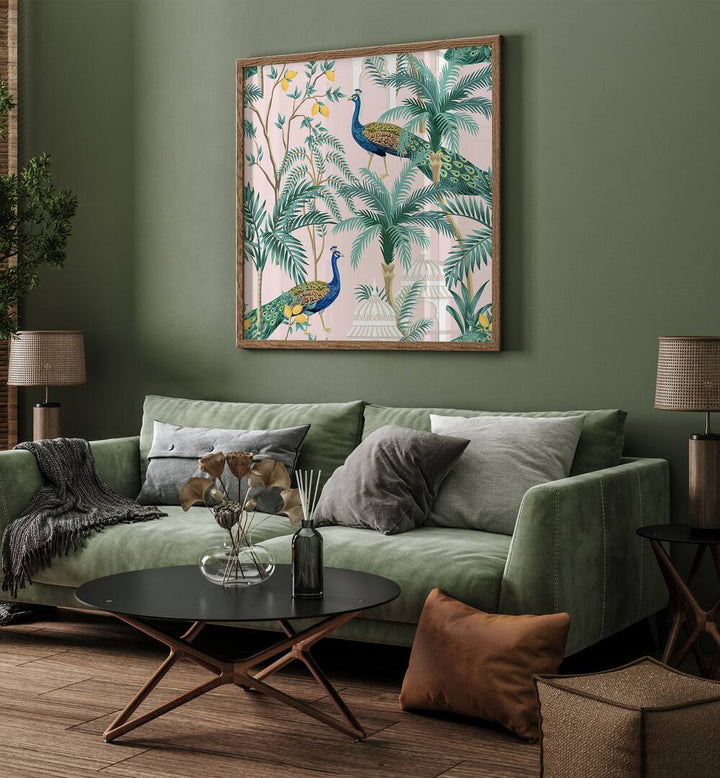 Vibrant PEACOCK IN MANGO GARDEN, INDIAN ART PAINTINGS showcasing nature's beauty in Ambika Aam Bagicha décor.