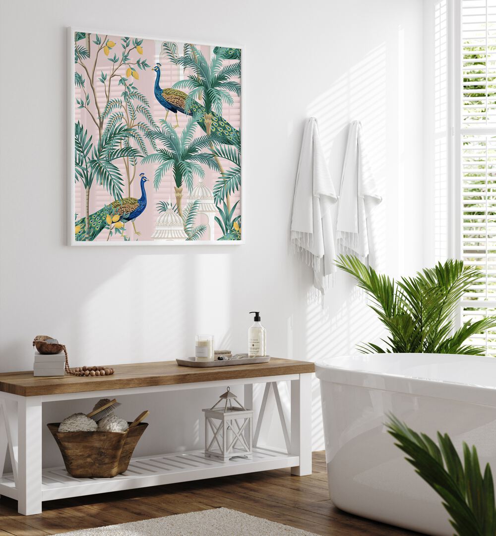 Vibrant PEACOCK IN MANGO GARDEN, INDIAN ART PAINTINGS showcasing nature's beauty, perfect for any art lover's space.