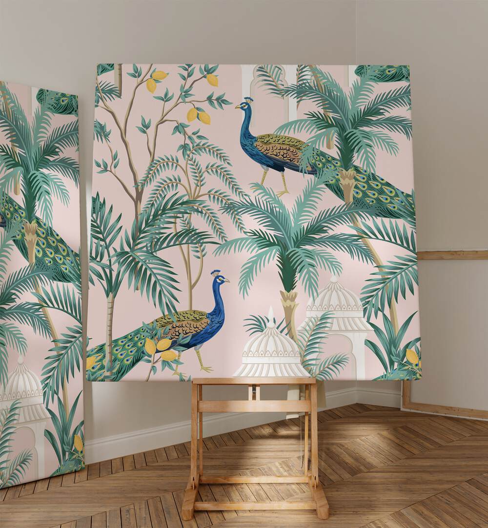 Vibrant PEACOCK IN MANGO GARDEN, INDIAN ART PAINTINGS showcasing nature's beauty by Ambika Aam Bagicha.