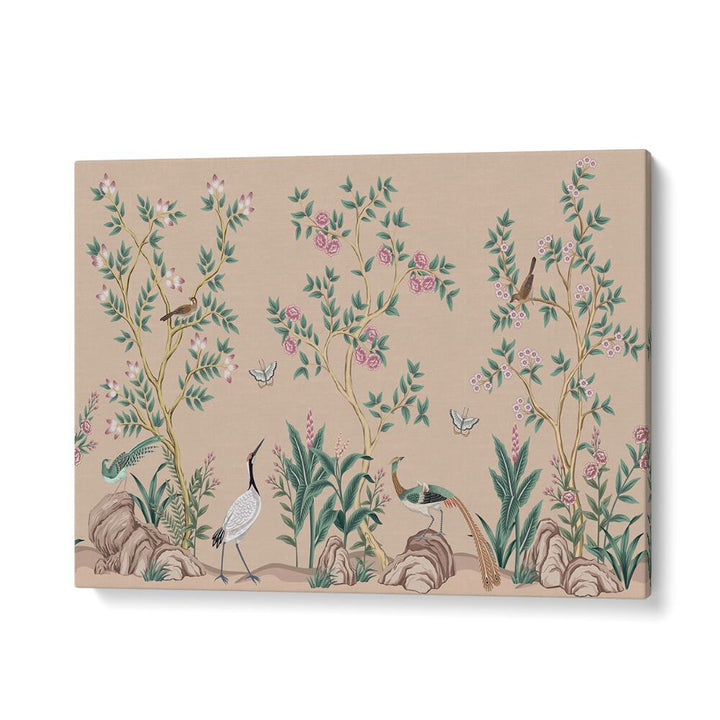 Vibrant PEACOCKS AND BIRDS IN FLOWER GARDEN II, INDIAN ART PAINTINGS, showcasing nature's beauty in stunning detail.