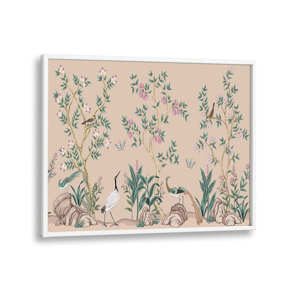 Colorful peacocks and birds in a serene flower garden, featured in PEACOCKS AND BIRDS IN FLOWER GARDEN II, INDIAN ART PAINTINGS.
