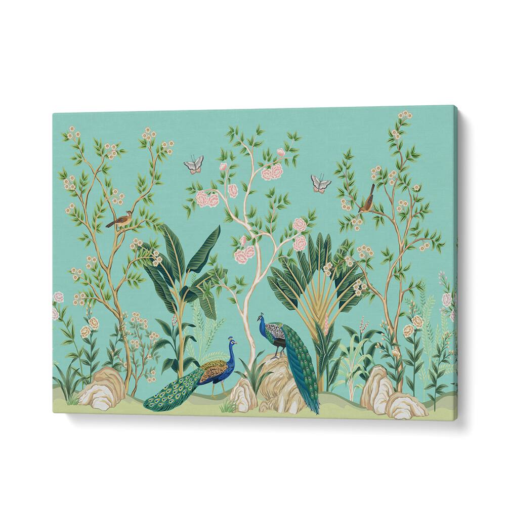 Vibrant PEACOCKS AND BIRDS IN FLOWER GARDEN III, INDIAN ART PAINTINGS showcasing lush nature and artistry.