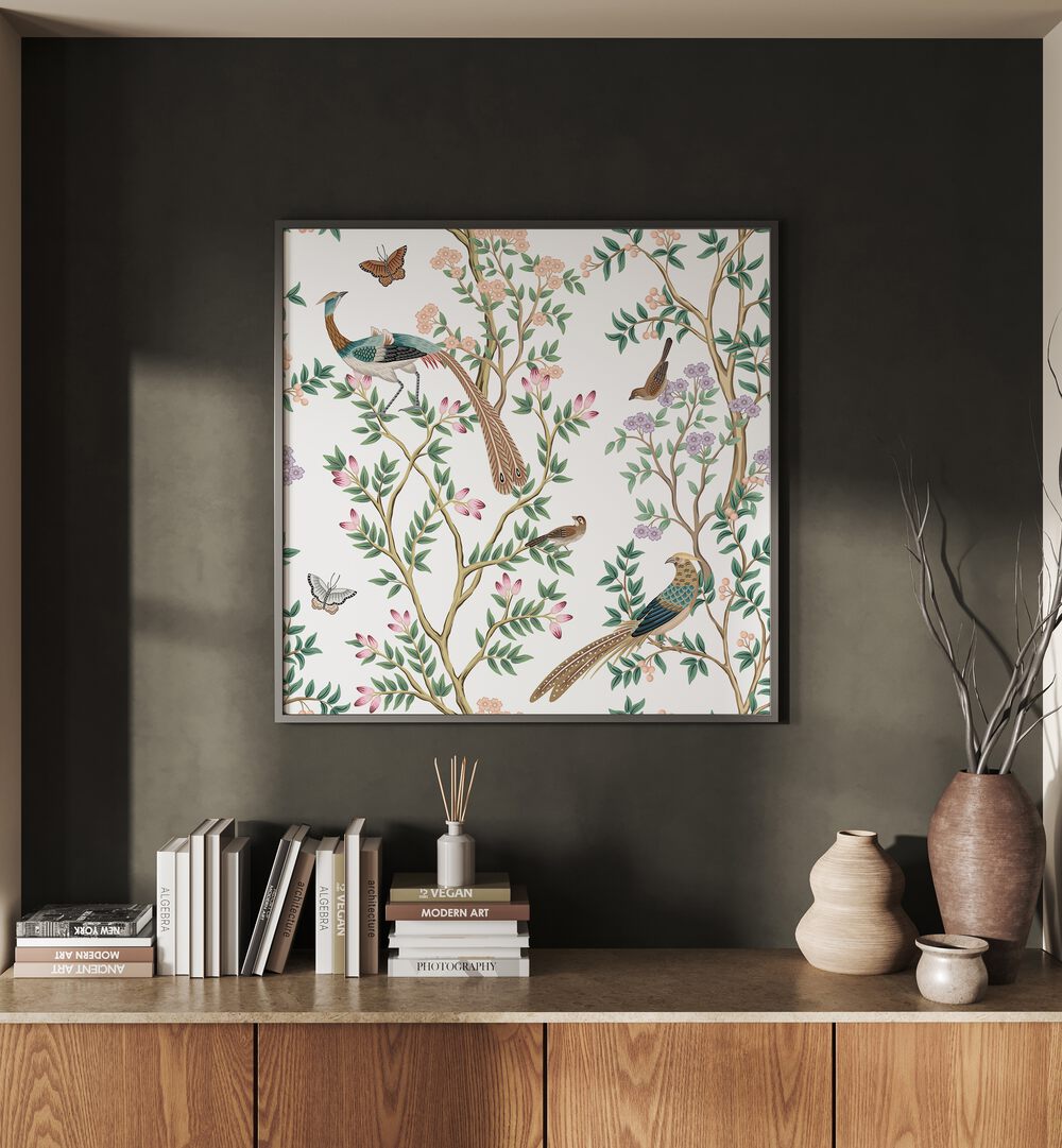 Vibrant PEACOCKS AND BIRDS IN FLOWER GARDEN I, INDIAN ART PAINTINGS, showcasing nature's beauty in this exquisite artwork.