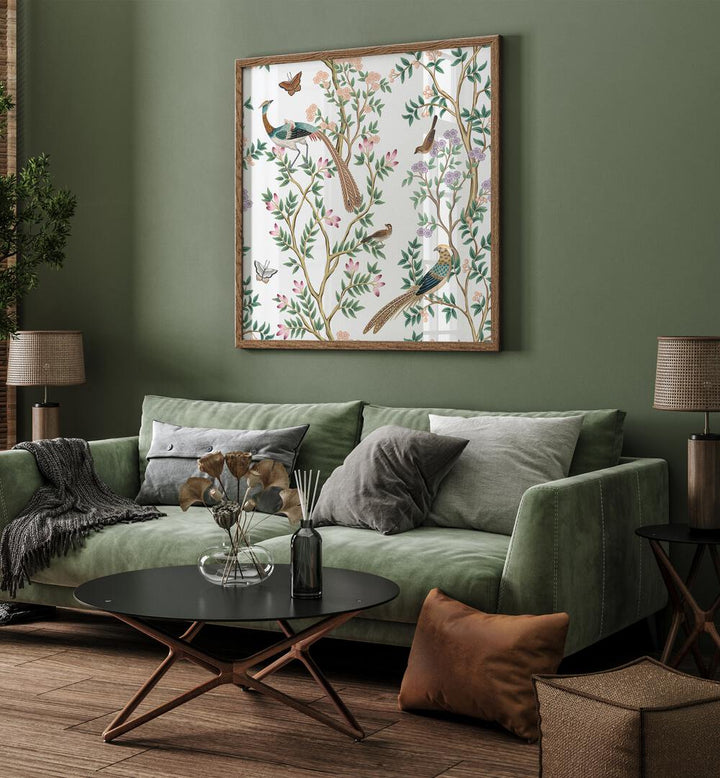 Vibrant PEACOCKS AND BIRDS IN FLOWER GARDEN I, INDIAN ART PAINTINGS, enhancing your space with nature's beauty.