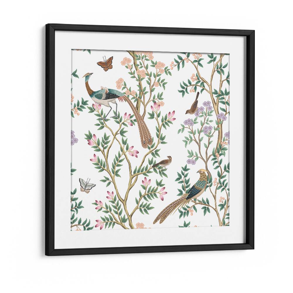 Vibrant PEACOCKS AND BIRDS IN FLOWER GARDEN I, INDIAN ART PAINTINGS showcasing nature's beauty in a black frame.