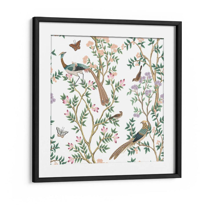 Vibrant PEACOCKS AND BIRDS IN FLOWER GARDEN I, INDIAN ART PAINTINGS showcasing nature's beauty in a black frame.