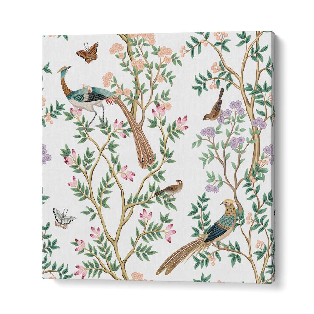 Vibrant PEACOCKS AND BIRDS IN FLOWER GARDEN I, INDIAN ART PAINTINGS showcase nature's beauty in exquisite detail.