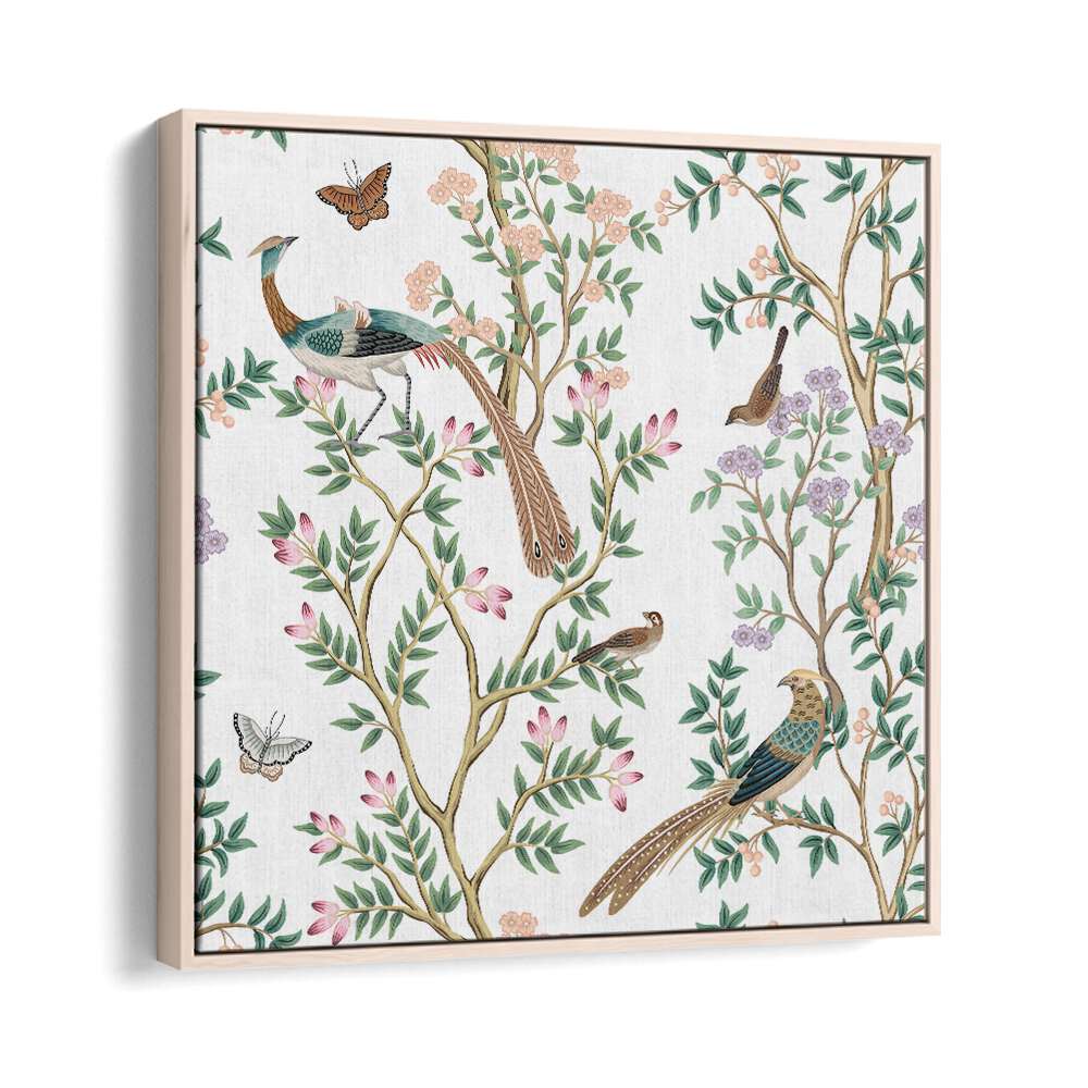 Vibrant PEACOCKS AND BIRDS IN FLOWER GARDEN I, INDIAN ART PAINTINGS, showcasing nature's beauty and elegance.